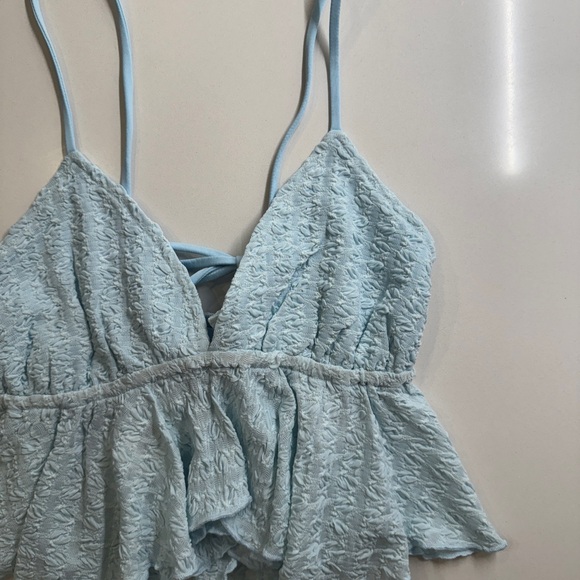 Light Blue Textured Spaghetti Strap Halter Top - Picture 3 of 5